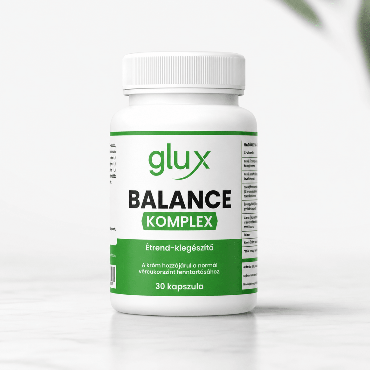 GluX Balance Komplex étrend-kiegészítő kapszula krómmal, C-vitaminnal és növényi kivonatokkal
